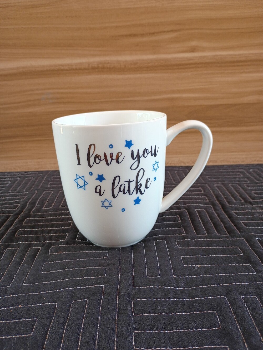 White Ceramic 'I Love You a Latke' Mug with Blue Star Accents